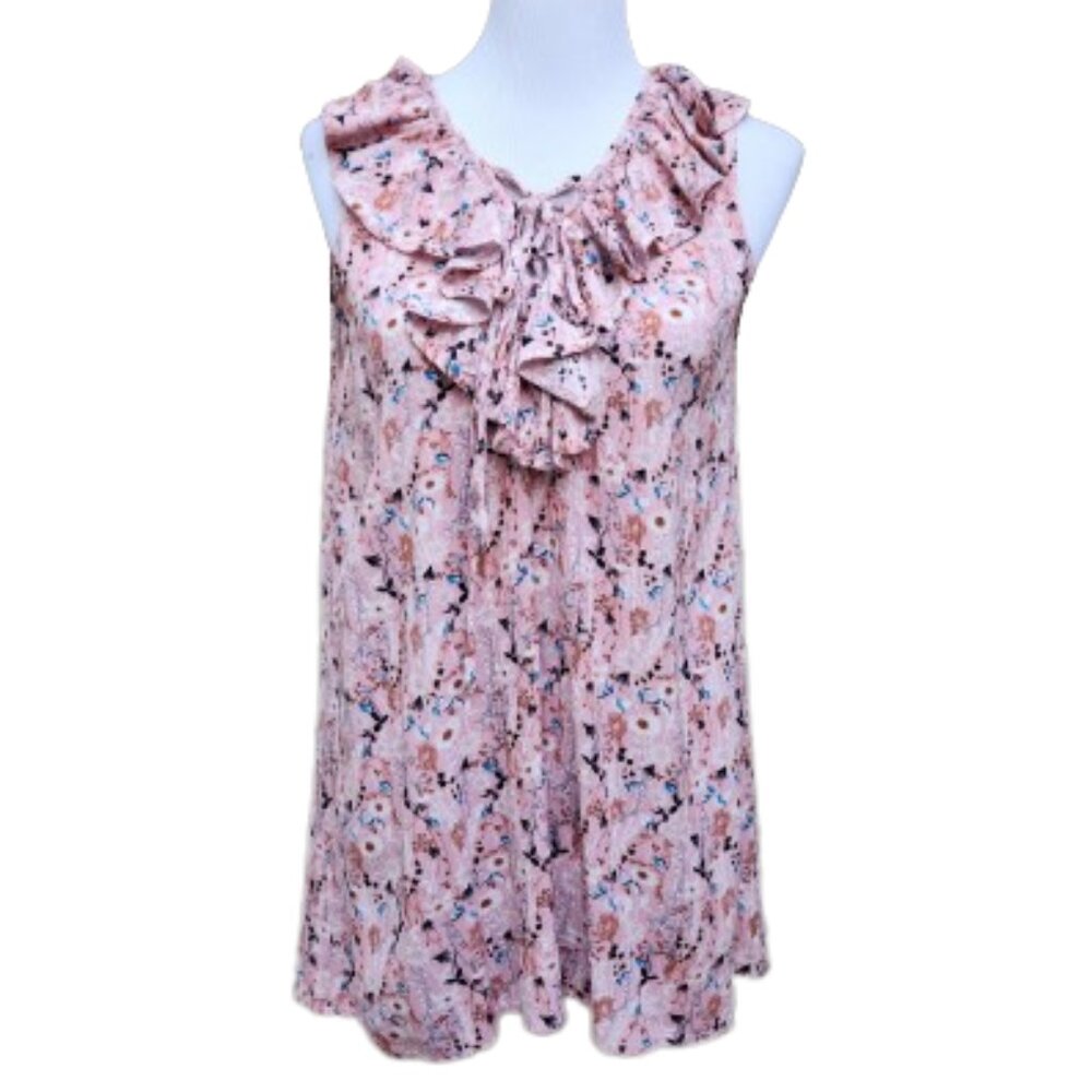 Suzanne Betro Pink Crepe Floral Print Blouse Ruffles Lace-Up Neck Sleeveless